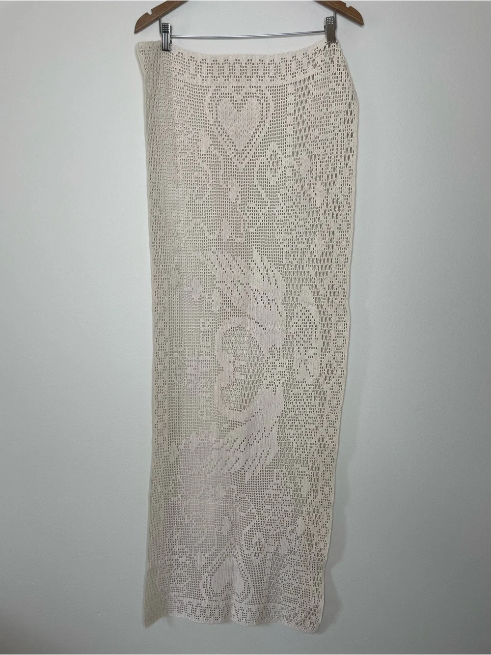 Handmade Crochet Table Runner - Cream Heart & Swan Design “Love One Another”